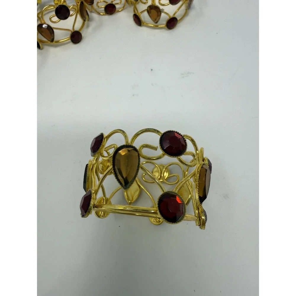 6 Pier One Imports Jeweled Napkin Rings Red & Amber Set In Gold Tone Metal